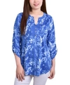 Ny Collection Petite Knit Jacquard 3/4 Sleeve Roll Tab Pintuck Top In Royal Blue Tiedye