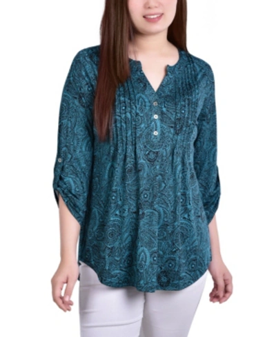 NY COLLECTION WOMEN'S KNIT JACQUARD 3/4 SLEEVE ROLL TAB TOP