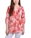 Ny Collection Petite Knit Jacquard 3/4 Sleeve Roll Tab Pintuck Top In Poppy Red Tiedye