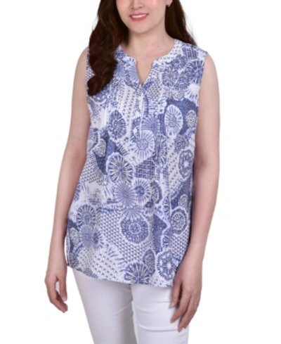Ny Collection Women's Sleeveless Pintucked Blouse In Blue Floral Stamp
