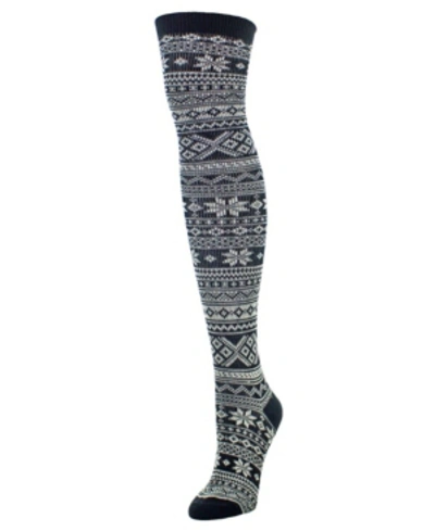 Memoi Women's Snow Flakes Stripes Over The Knee Socks In Black