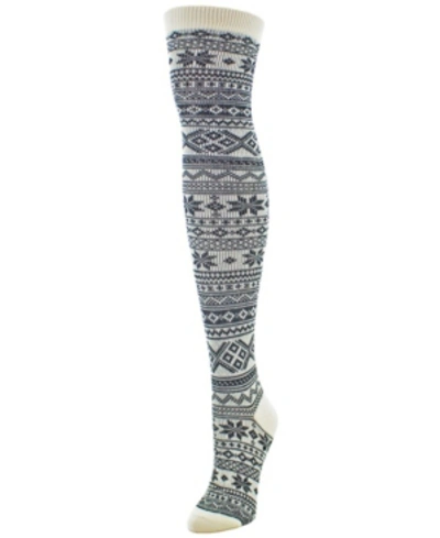 Memoi Women's Snow Flakes Stripes Over The Knee Socks In Ivory