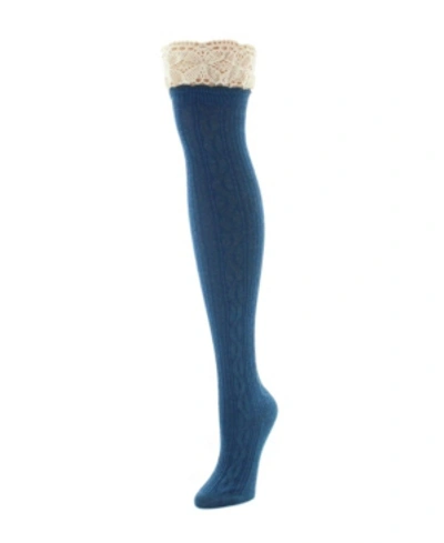 Memoi Women's Lace Top Cable Knee High Socks In Legion Blue Heather