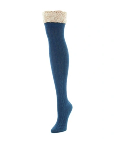 Memoi Women's Lace Top Cable Knee High Socks In Blue