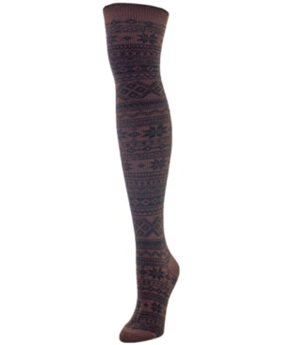 Memoi Women's Snow Flakes Stripes Over The Knee Socks In Brown