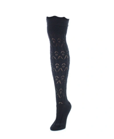 Memoi Women's Diamond Pointelle Chunky Knit Over-the-knee Warm Socks In Black