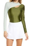 Nike Serena Williams Design Crew Women's Long-sleeve Tennis Bodysuit In Rough Green,seafoam,gold