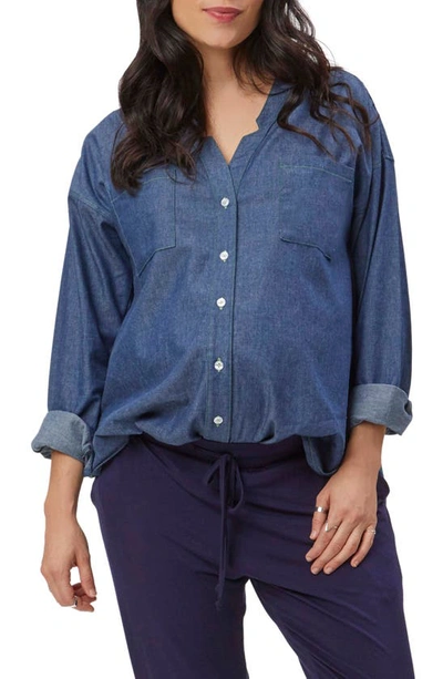 Stowaway Collection Chambray Maternity Top In Denim/ Contrast Trim