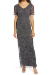 Pisarro Nights Beaded Mesh Column Gown In Brown