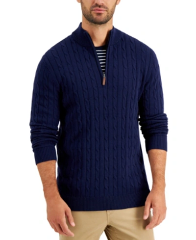 Club Room Men's Cable Knit Quarter-zip Cotton Sweater, Created For Macy's In Deep Black
