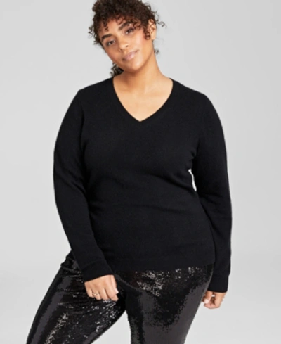 Charter Club Plus Size Cashmere Wool Blend V-neck Sweater, Created For Macy's In Classic Black