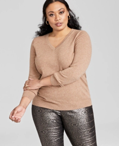 Charter Club Plus Size Cashmere Wool Blend V-neck Sweater, Created For Macy's In Heather Camel