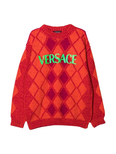 Versace Kids' Young Red Checked Sweater In Arancio/fucsia