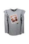 Monnalisa Long-sleeved Round-neck Maxi T-shirt With Teddy Bear Print And Rouches On The Shoulders In Grey