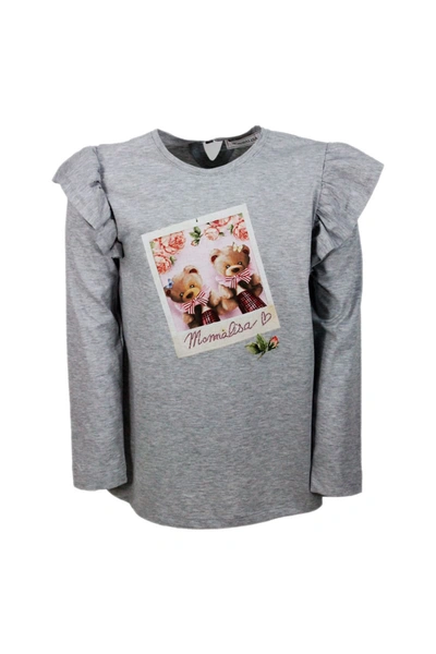 Monnalisa Kids' Long-sleeved Round-neck Maxi T-shirt With Teddy Bear Print And Rouches On The Shoulders In Grey