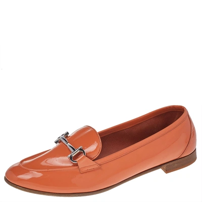 Pre-owned Ferragamo Orange Patent Leather Funes Gancio Bit Loafers Size 40.5