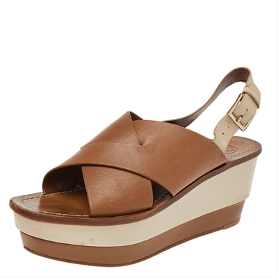 Pre-owned Tory Burch Brown/beige Leather Platform Wedge Slingback Sandals Size 38.5