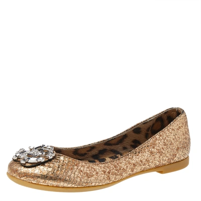 Pre-owned Roberto Cavalli Metallic Gold Python Embossed Leather Logo Embellished Ballet Flats Size 36