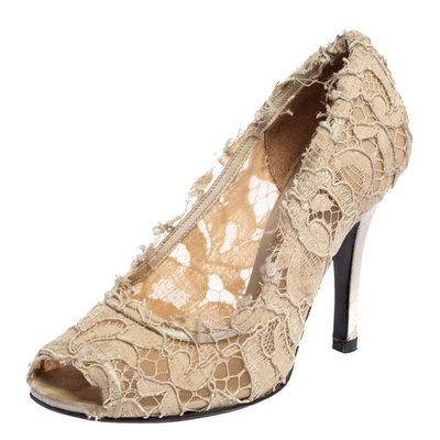 Pre-owned Dolce & Gabbana Beige Lace Peep Toe Pumps Size 37.5