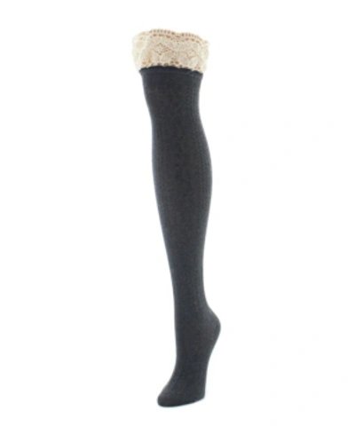 Memoi Women's Lace Top Cable Knee High Socks In Dark Gray Heather