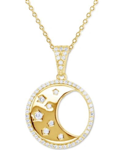Macy's Cubic Zirconia Crescent Moon Disc 18" Pendant Necklace In 14k Gold-plated Sterling Silver In Yellow