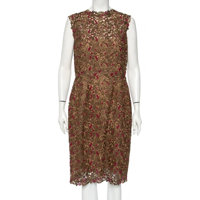 Pre-owned Valentino Bronze Lace Overlay Sheath Dress L In Metallic