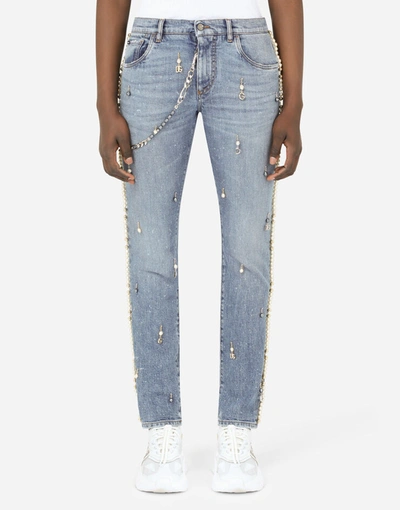 Dolce & Gabbana Skinny Stretch Jeans With Keychain And Dg Pendants In Multicolor