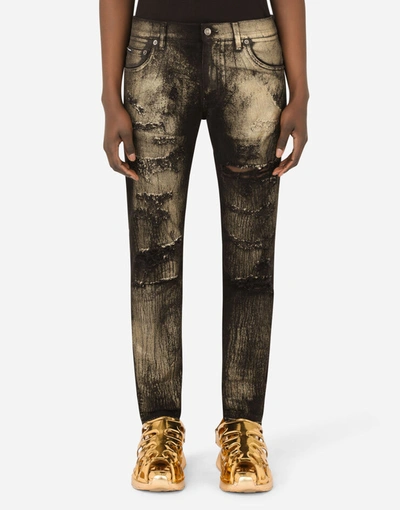 Dolce & Gabbana Slim-fit Black Stretch Jeans With Gold Spray And Rips In Multicolor