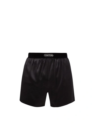 Tom Ford Logo-patch Silk-blend Boxer Shorts In Brown