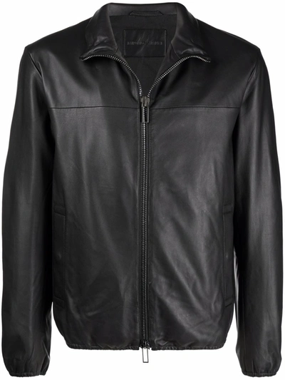 Emporio Armani Hooded Logo-plaque Leather Jacket In Black