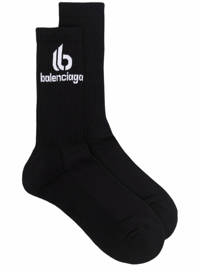 Balenciaga Men's Double B Logo Crew Socks In Black White