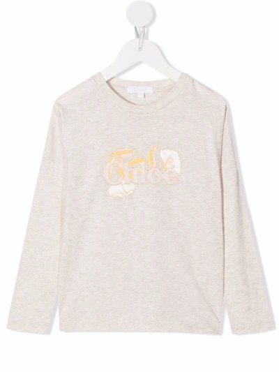 Chloé Kids' Logo-print Long-sleeved T-shirt In 中性色