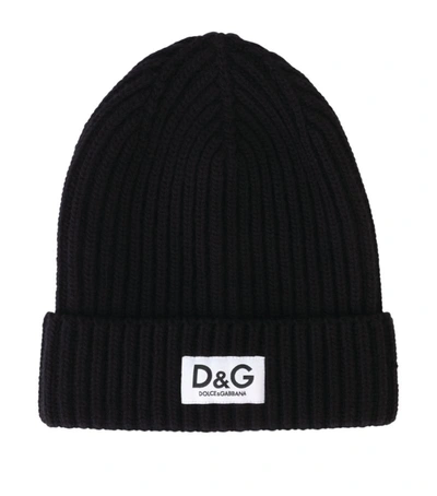 Dolce & Gabbana Kids' Logo Label Rib Wool Beanie In Black