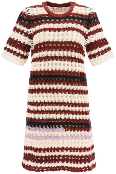 Marni 3d Crochet Intarsia Dress With Irregular Stripes In Burgundy