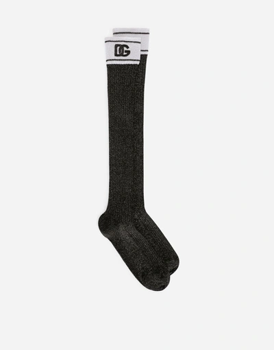 Dolce & Gabbana Lurex Socks With Dg Logo In Black/silver