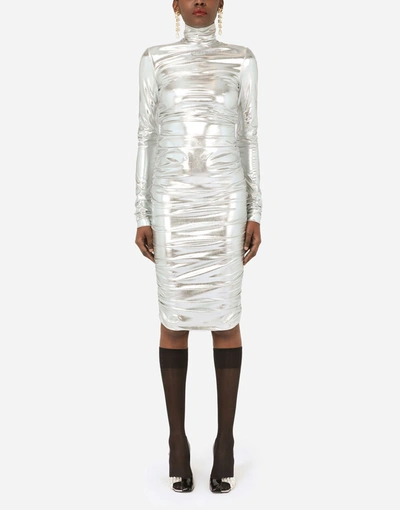 Dolce & Gabbana Foiled Jersey Mini Dress With Draping In Silver