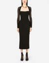 Dolce & Gabbana Sable Calf-length Dress With Tulle Sleeves In Black