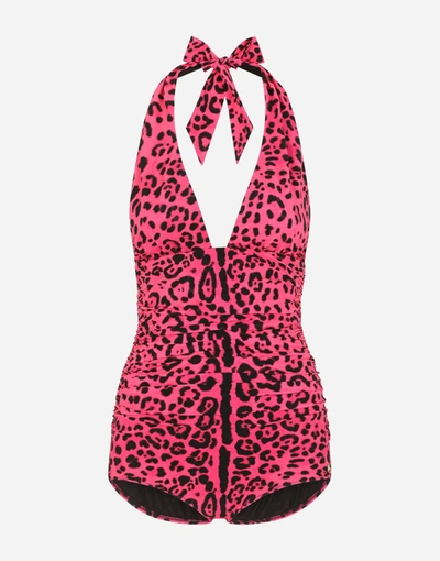 Dolce & Gabbana Neon Leopard-print One-piece Swimsuit With Draping In Multicolor