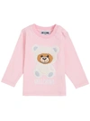 MOSCHINO LONG-SLEEVED PINK COTTON T-SHIRT WITH TEDDY BEAR PRINT,MMO005LBA01SUGARROSE