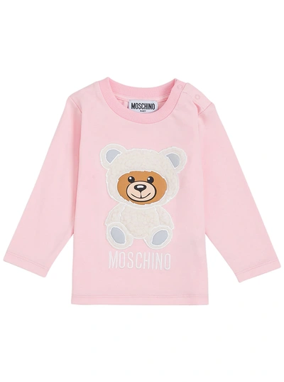 Moschino Babies' Long-sleeved Pink Cotton T-shirt With Teddy Bear Print