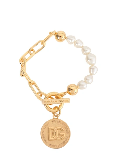 Dolce & Gabbana Pearl-embellished Logo Medallion Bracelet In Gold