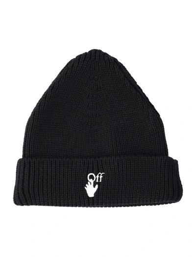 Off-white Hands Off Ribbed-knit Beanie In Black