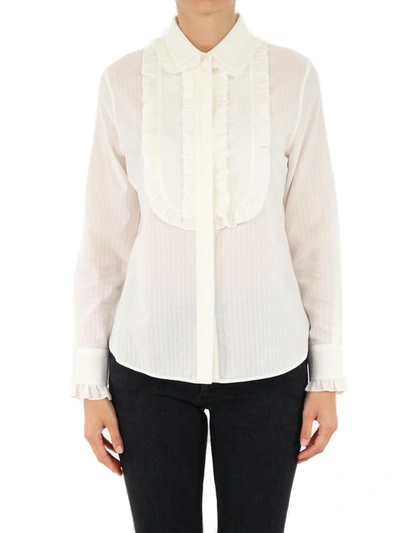 Saint Laurent Ruffled-bib Striped Cotton-blend Poplin Shirt In Bianco