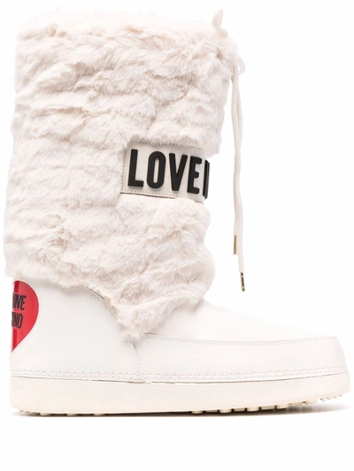 Love Moschino Faux Fur Ankle Boots With Contrasting Logo Lettering In 白色