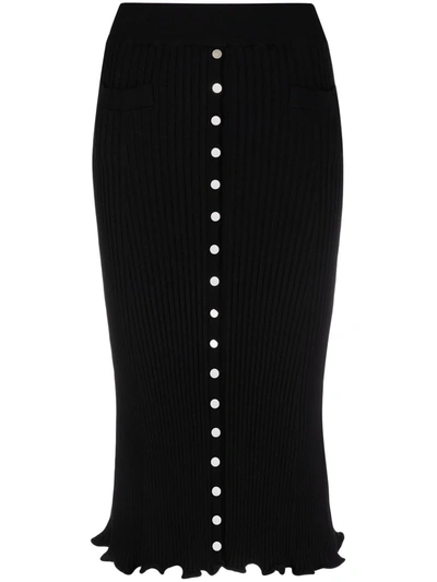 Rabanne Ribbed-knit Flared-hem Midi Skirt In 黑色