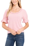 Cece Ruffle Neck Puff Sleeve Top In Mountain Rose