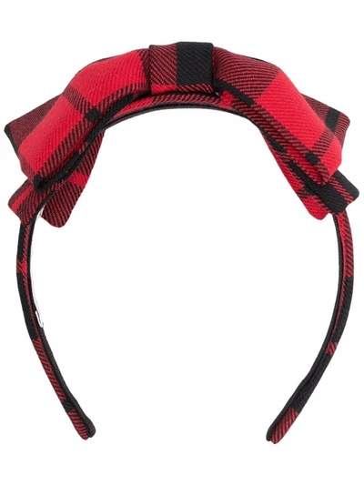 Alessandra Rich Bow-detailed Checked Wool-twill Headband In Red,black