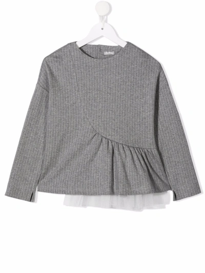 Il Gufo Kids' Tulle-panelled Pinstriped Top In Grey