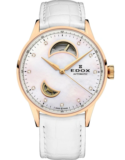 Edox Les Vauberts Open Heart White Mother Of Pearl Dial Automatic Ladies Watch 85019 37ra Nadr In Gold / Gold Tone / Mother Of Pearl / Pink / Rose / Rose Gold / Rose Gold Tone / White