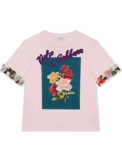 Dolce & Gabbana Kids' Rose Print Cotton T-shirt In Pink